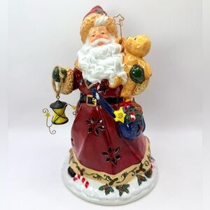 Vintage Ceramic Santa Claus Figurine with Lantern, Gifts & Teddy Bear 8.5”